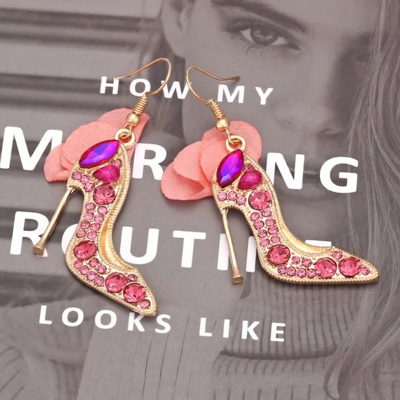 Pink High Heel Earrings Novelty Earrings Rhinestone Earrings - Picture 8 of 11